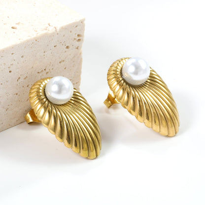 Oval Leaf with 1 White Pearl Stud Earrings 15.2*24mm asonjewelry