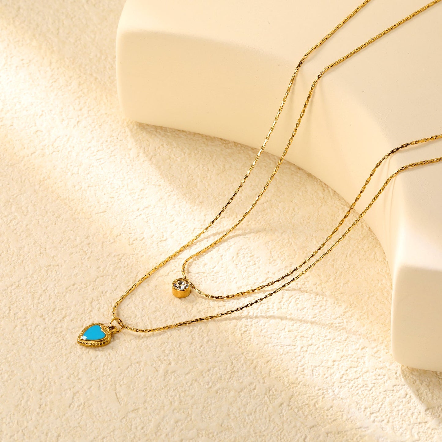 5mm cylindrical white diamond + 8.5x11.1mm blue teardrop heart 0.9 hammered square chain 50+40+5cm + 6mm round tag double chain necklace, gold asonjewelry