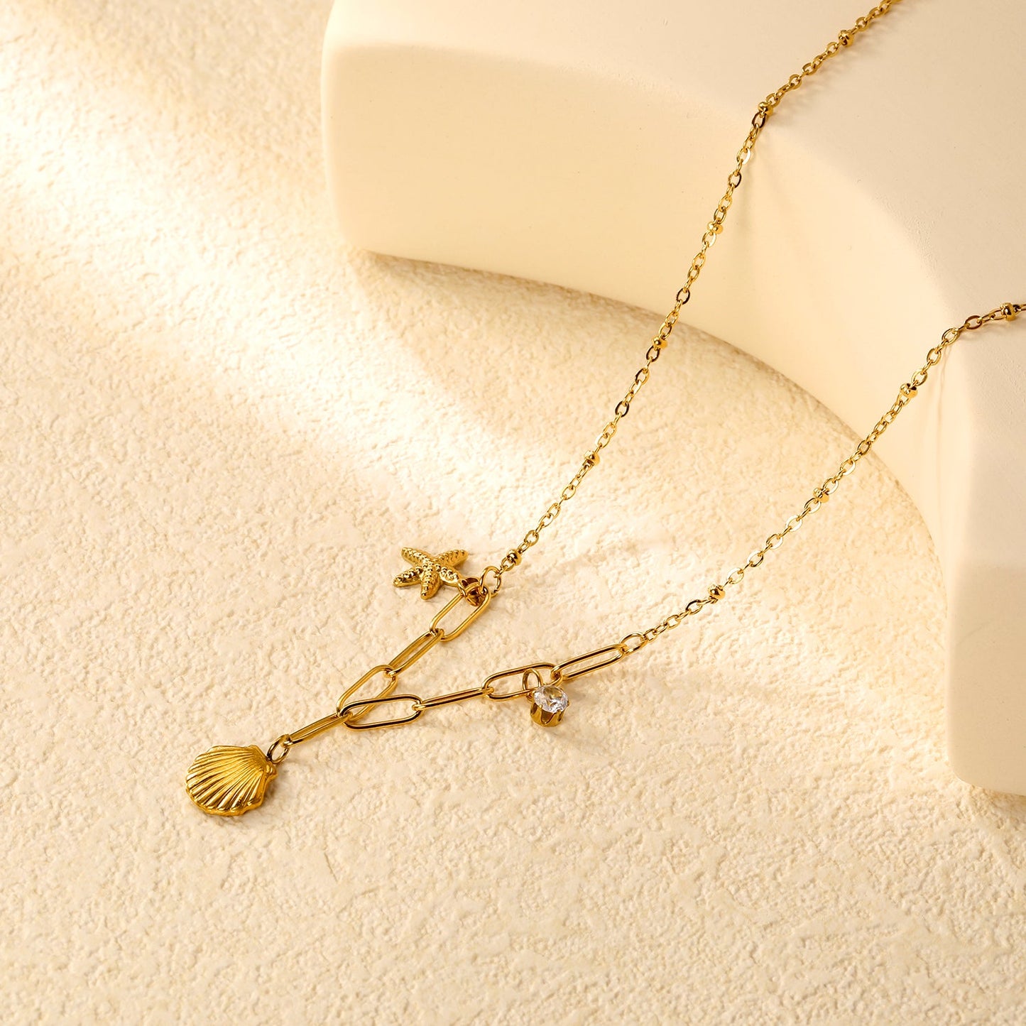 10.2*10.7mm shell+9*12.7mm starfish+4.2mm cylindrical white diamonds 42+5cm+10*3cm necklace steel/golden asonjewelry