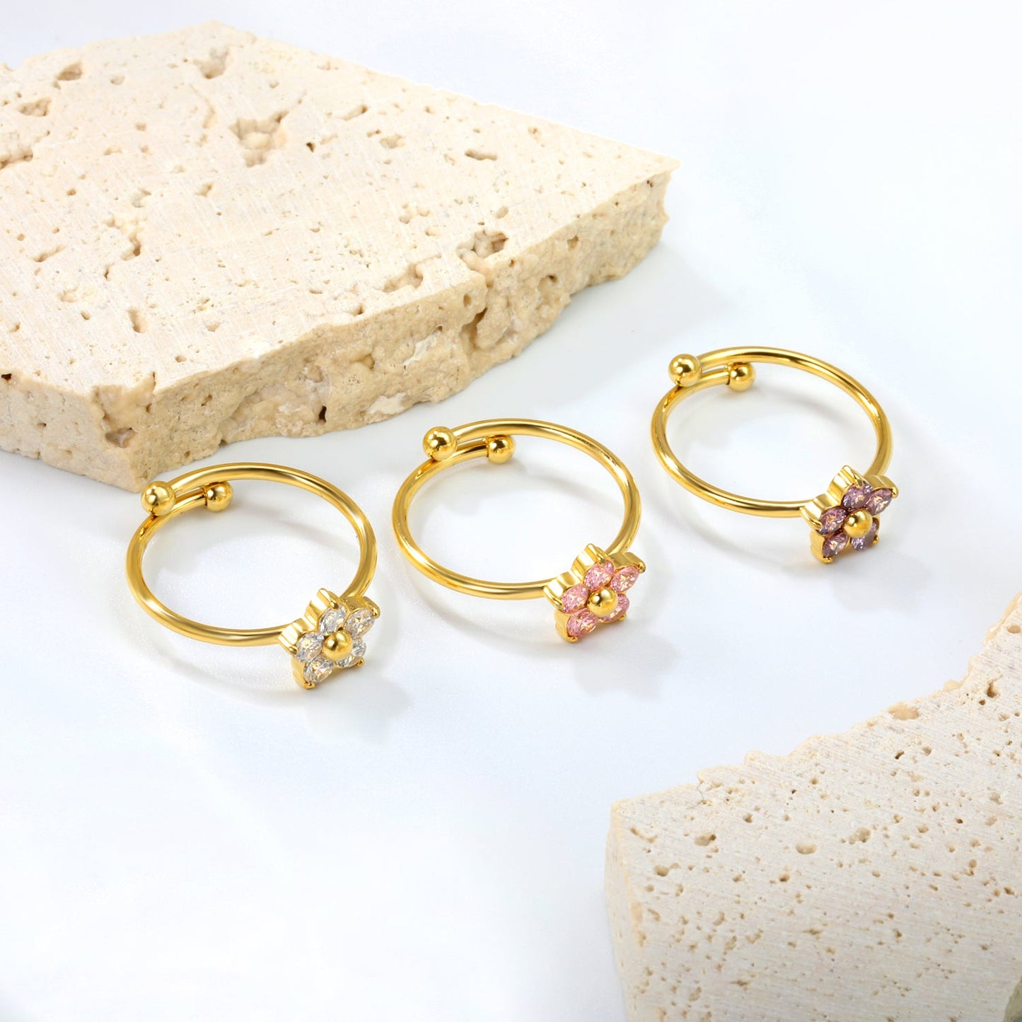 Gold - Plated Multi - Color Gemstone Flower - Shaped Open Rings asonjewelry