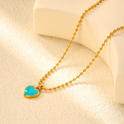 14.3x16.4mm blue teardrop heart 3mm bead chain 40+5cm + 6mm round tag necklace, gold asonjewelry