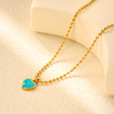 14.3x16.4mm blue teardrop heart 3mm bead chain 40+5cm + 6mm round tag necklace, gold