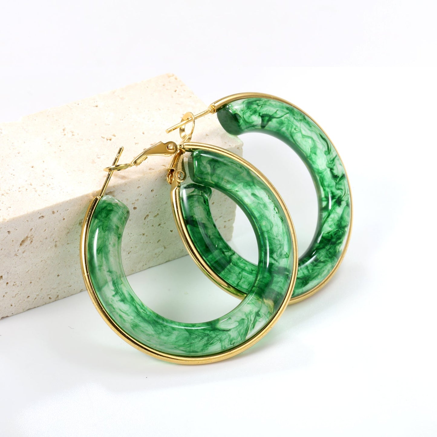 Round with White & Black & Green & Coffee Resin Loop Earrings 6.1*41.5mm asonjewelry