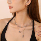 11*8mm Sugar Bean Beads 5*7.5mm Rectangular Tag 1.3mm Oval Chain 35cm+0.4cm Side Chain 38+3cm Pendant Chain 5cm+6mm Round End Tag Double Chain Necklace Steel/Gold