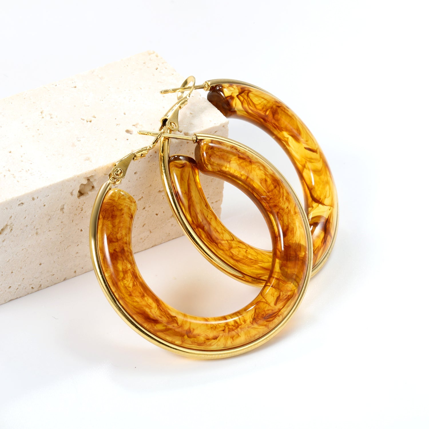 Round with White & Black & Green & Coffee Resin Loop Earrings 6.1*41.5mm asonjewelry