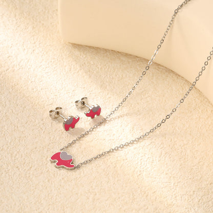 8.6*6.4mm small elephant with pink oil drop earrings +12.2*9mm pendant set cross 0.3mm*45+5cm+6mm round plate steel color / gold color asonjewelry