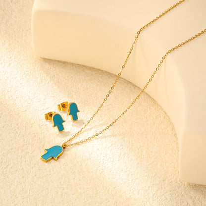Glossy set Gold/light blue Earrings: 8.7*10.8mm Pendant: 10.7*13.6mm 0.3 cross chain 40+5cm+6mm round plate asonjewelry