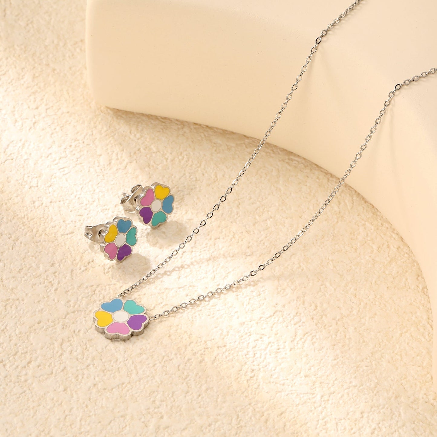 Colorful Flowers Set Steel/Gold Earrings:10.4*10.4mm Pendant:12.2*11.8mm 0.3 Cross Chain 42+5cm+6mm Round Plaque asonjewelry