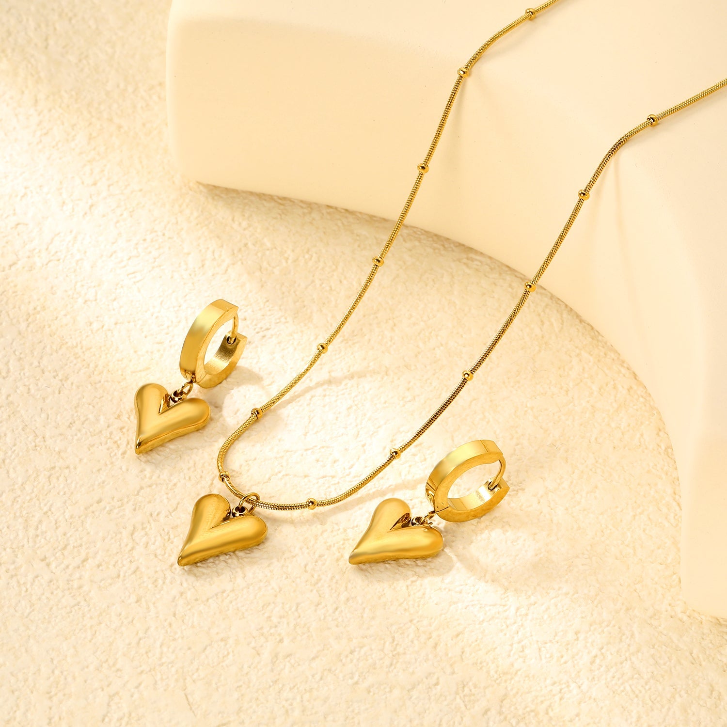 Pointed Heart Set Gold Earrings: 12.1*14.7mm Pendant: 12.1*14.7mm0.9 Round Snake Chain 42+5cm+6mm asonjewelry