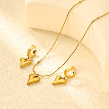 Pointed Heart Set Gold Earrings: 12.1*14.7mm Pendant: 12.1*14.7mm0.9 Round Snake Chain 42+5cm+6mm asonjewelry
