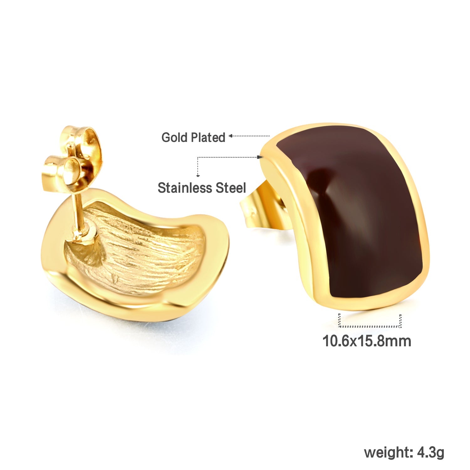 Curved rectangle with black oil drop earrings 10.6*15.8mm gold color asonjewelry