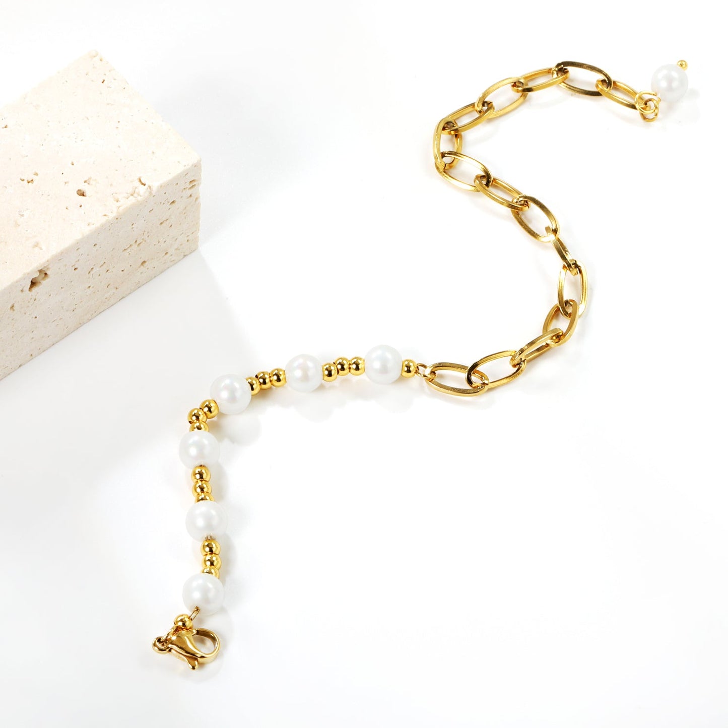 3mm*17pcs steel beads+6mm*7pcs white pearls+12cm cross matching chain bracelet 22cm asonjewelry