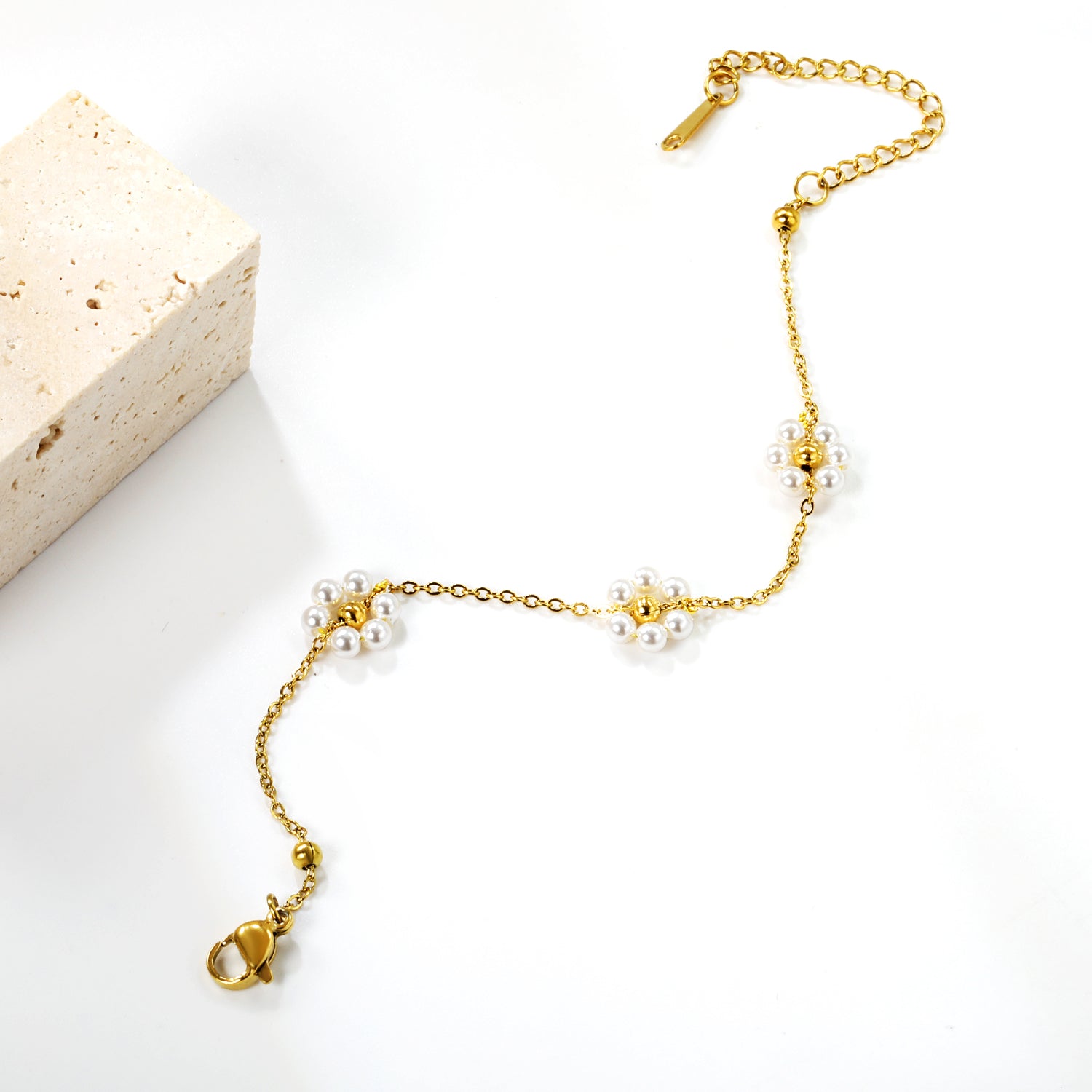 3mm*5 Steel Beads+3 White Pearls Flower Bracelet 15+5cm asonjewelry