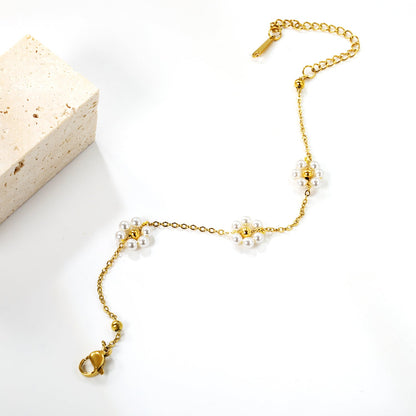 3mm*5 Steel Beads+3 White Pearls Flower Bracelet 15+5cm asonjewelry