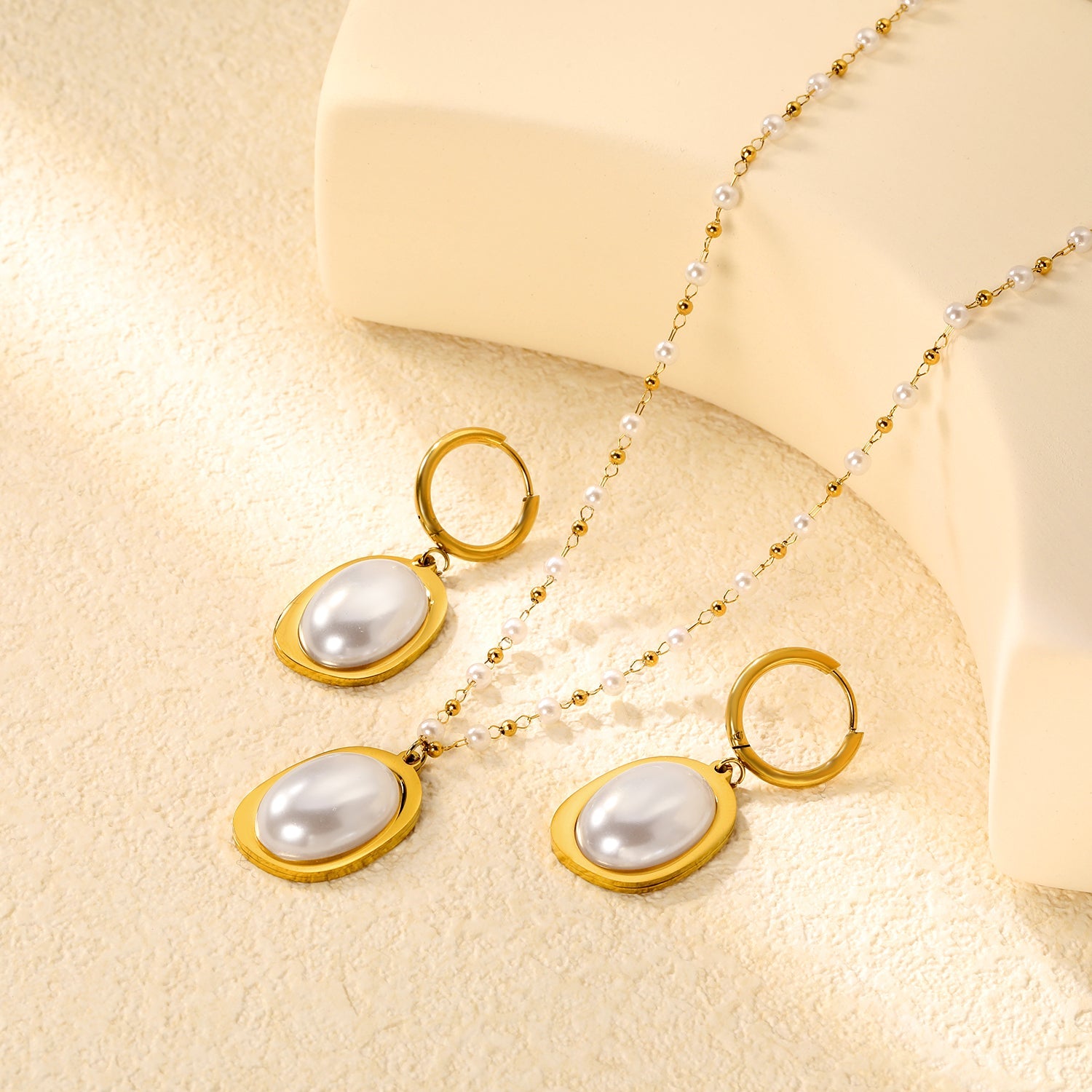 Pearl Necklace Earrings Set Gold Earrings: 16.3*23.6mm Pendant: 16.3*23.6mm 3mm Pearl + 1.9mm Steel Bead Chain 40+5cm+6mm Round Tail Plaque asonjewelry