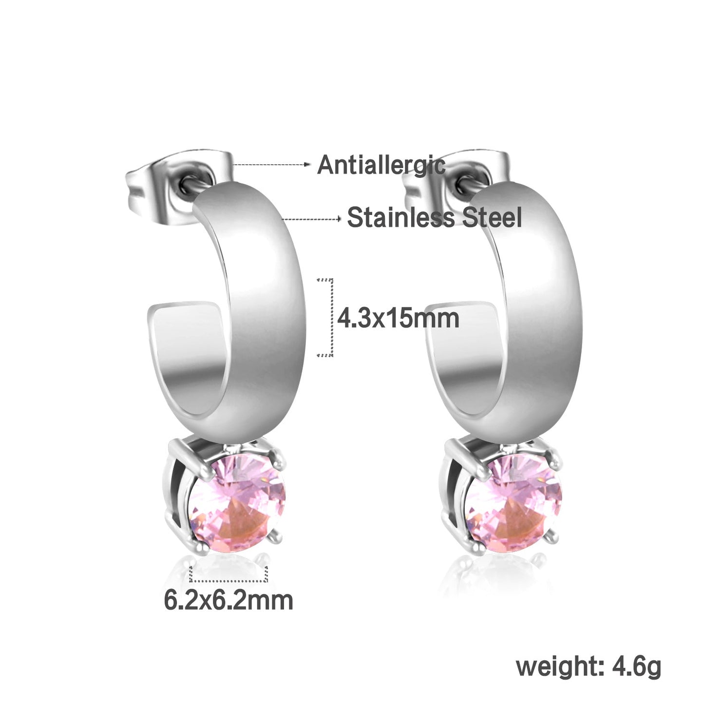4.3*15mm C-shaped hoop with four scratches round white&black&purple&pink&green diamond stud earrings 6.2mm asonjewelry