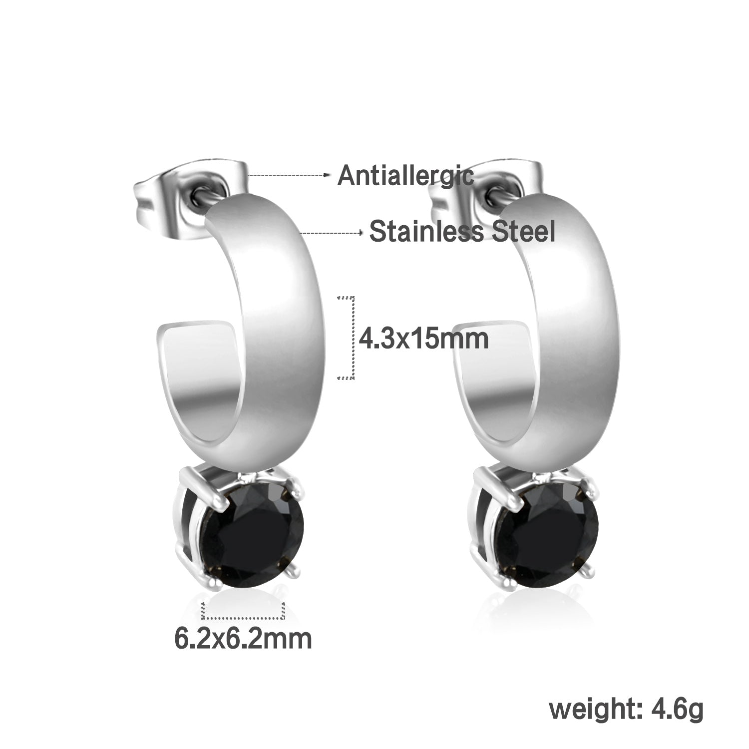 4.3*15mm C-shaped hoop with four scratches round white&black&purple&pink&green diamond stud earrings 6.2mm asonjewelry