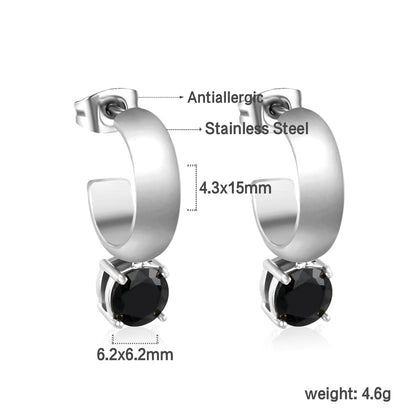 4.3*15mm C-shaped hoop with four scratches round white&black&purple&pink&green diamond stud earrings 6.2mm asonjewelry