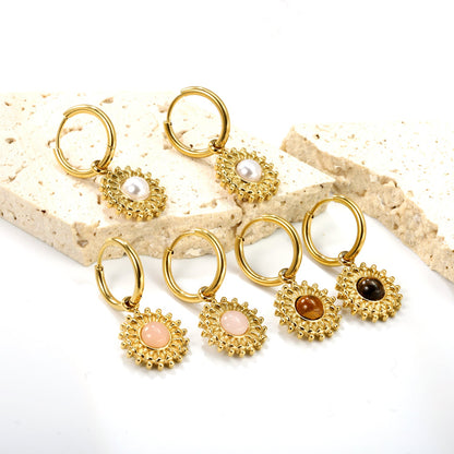 2*12mm I.D. earrings + 15.2mm round pattern face with imitation white pearl/pink crystal/tiger's eye stone fittings Gold color asonjewelry