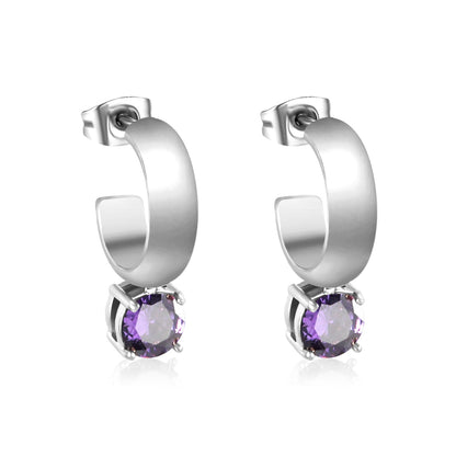 4.3*15mm C-shaped hoop with four scratches round white&black&purple&pink&green diamond stud earrings 6.2mm asonjewelry