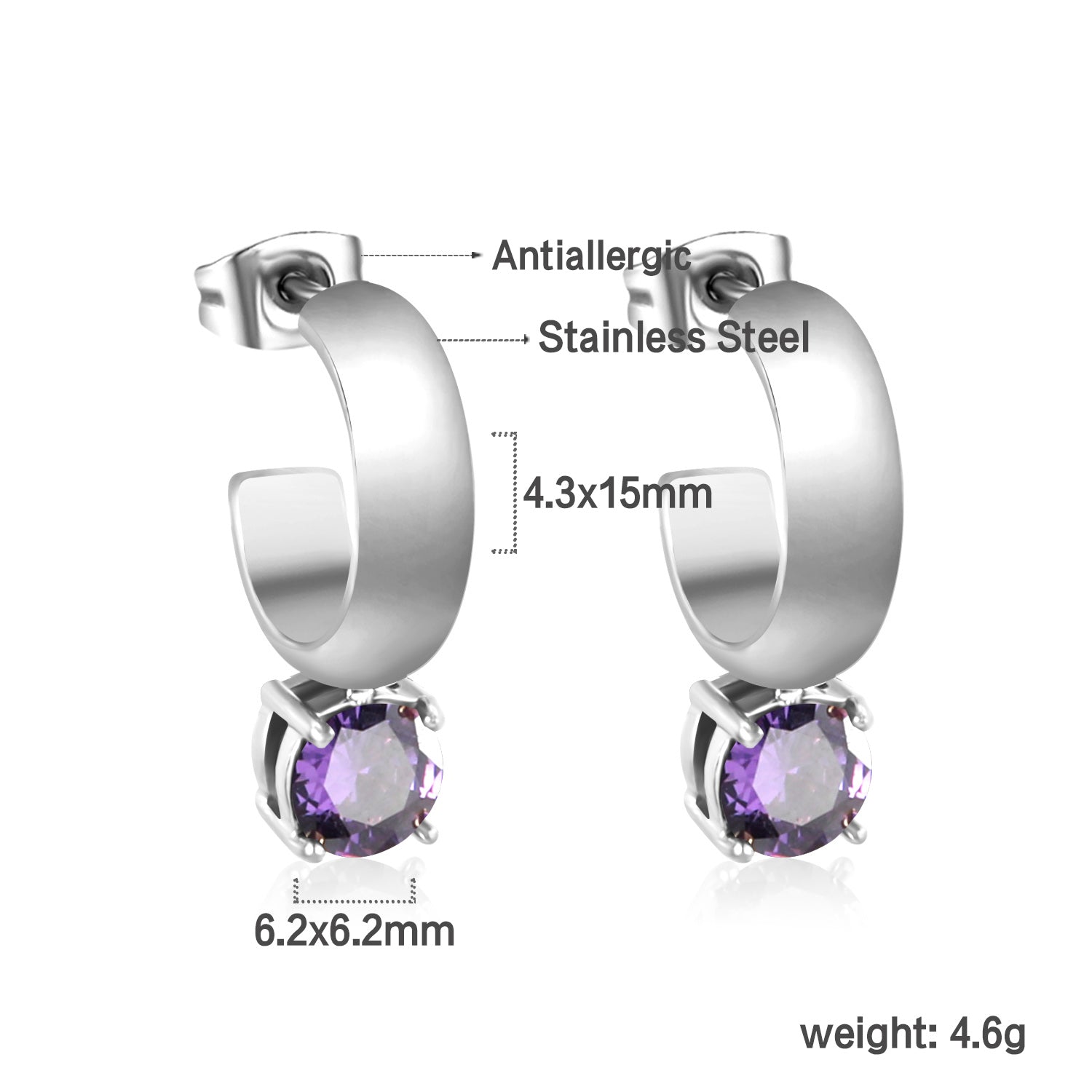 4.3*15mm C-shaped hoop with four scratches round white&black&purple&pink&green diamond stud earrings 6.2mm asonjewelry
