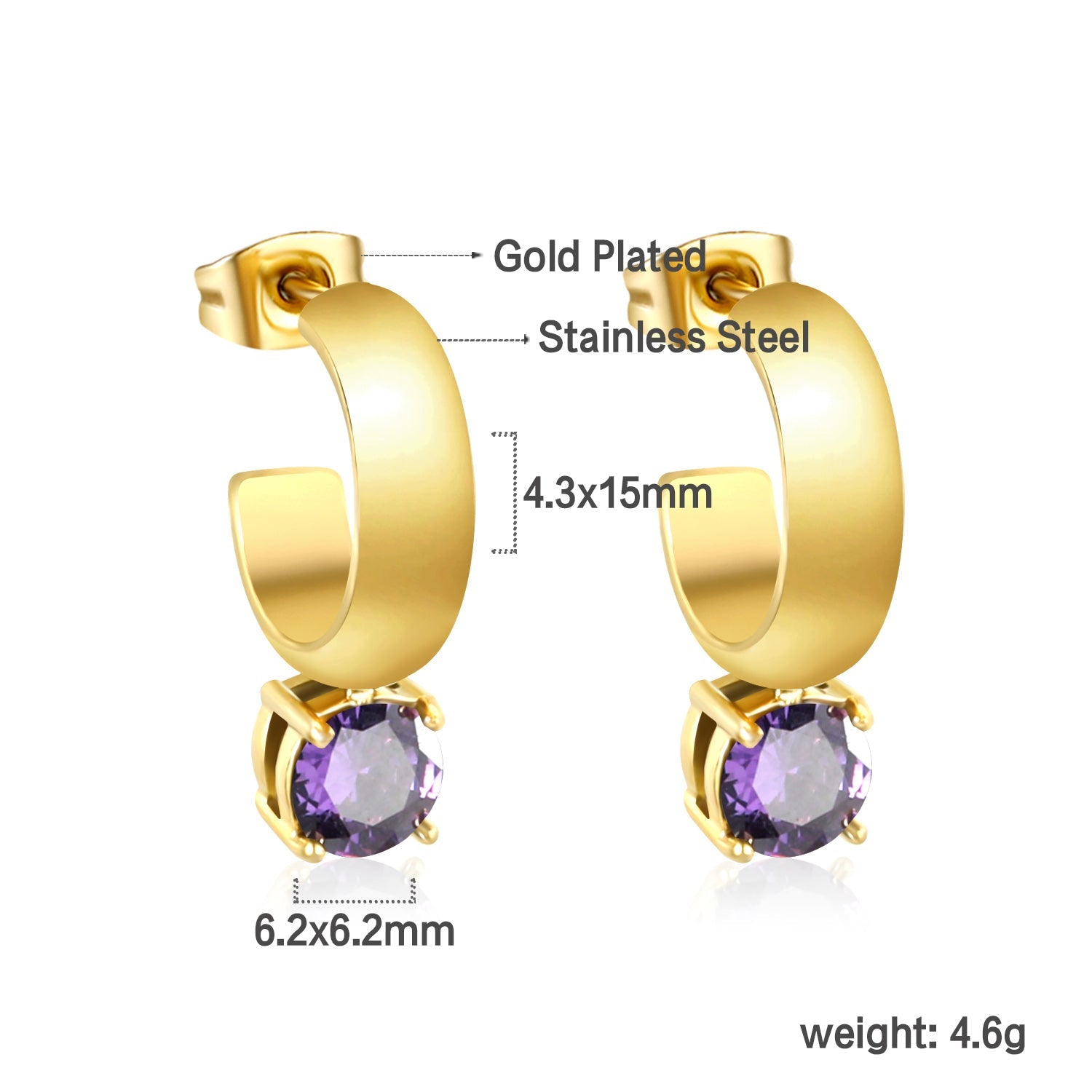4.3*15mm C-shaped hoop with four scratches round white&black&purple&pink&green diamond stud earrings 6.2mm asonjewelry