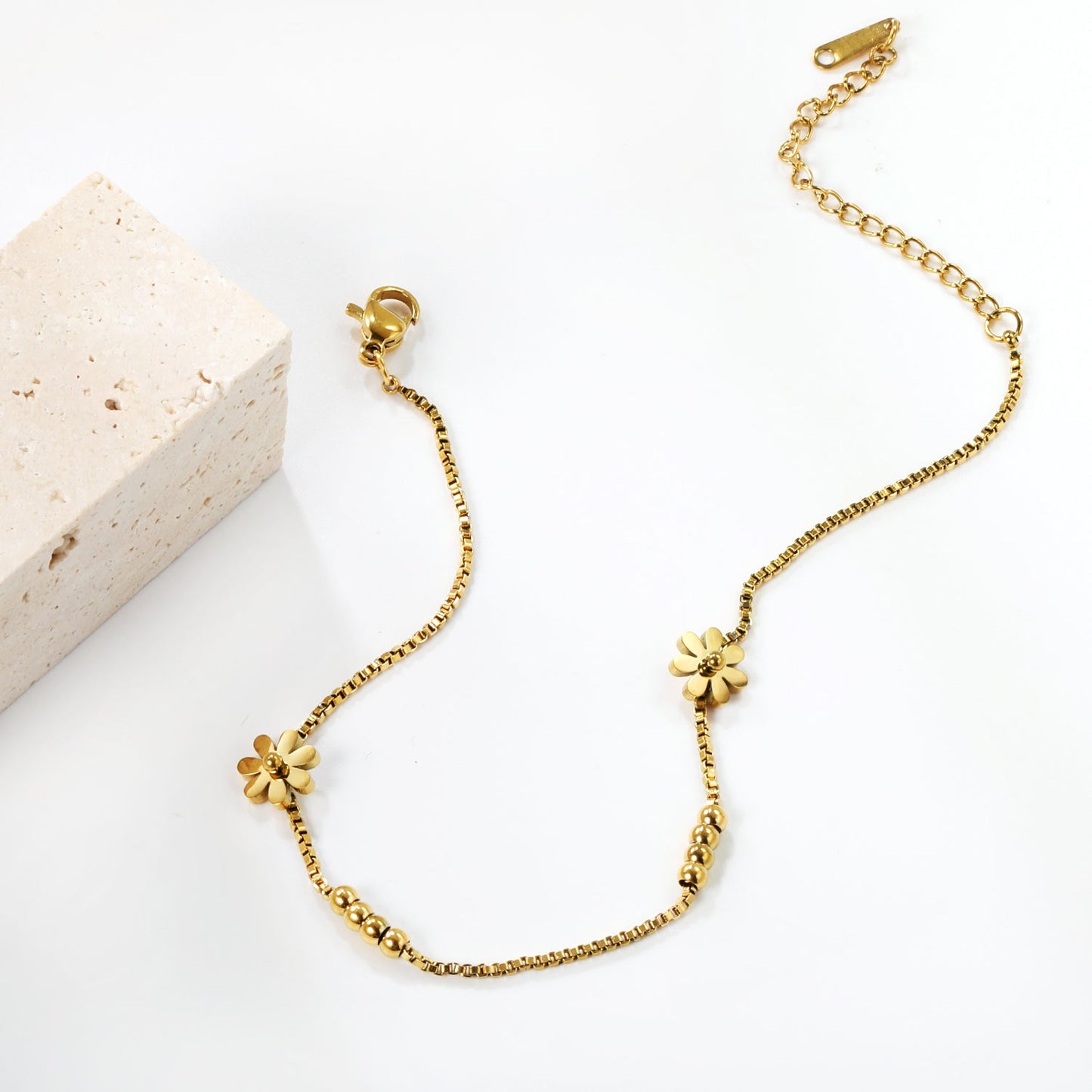 3mm*8 steel beads+7.8mm*2 seven petal flowers anklet 1.2mm*20+5cm asonjewelry