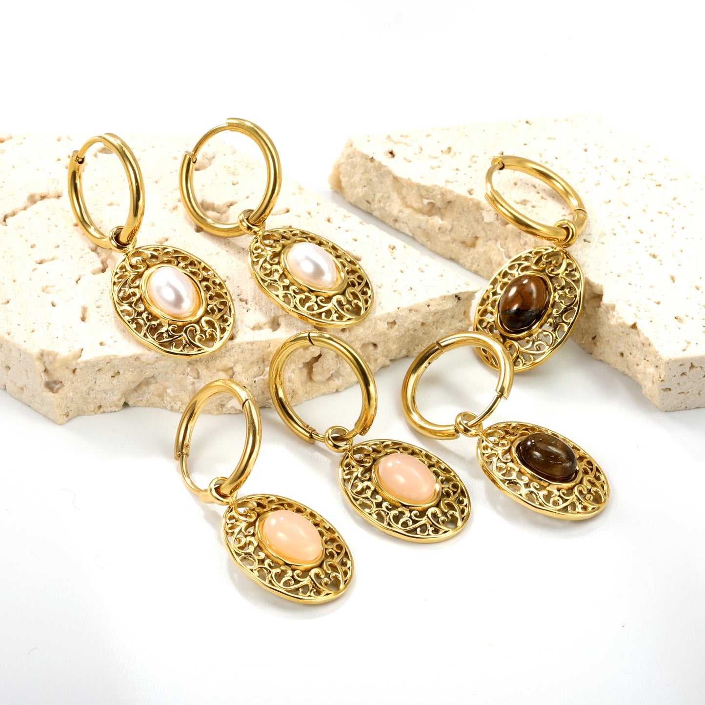 2*12mm I.D. earrings + 15.3*18.7mm oval pattern face band imitation white pearl/pinkstone/tiger's eye stone accessories Earrings Gold color asonjewelry