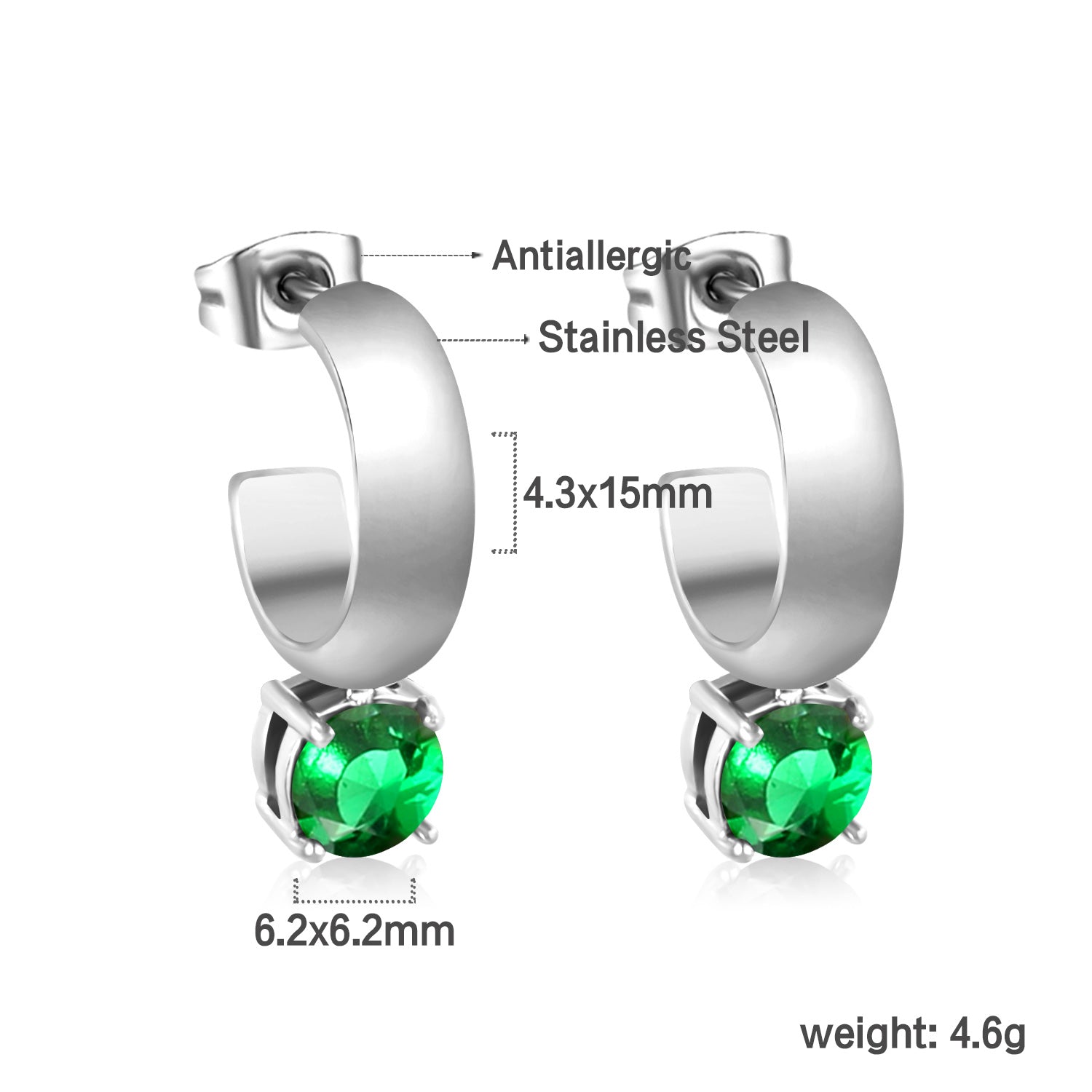 4.3*15mm C-shaped hoop with four scratches round white&black&purple&pink&green diamond stud earrings 6.2mm asonjewelry