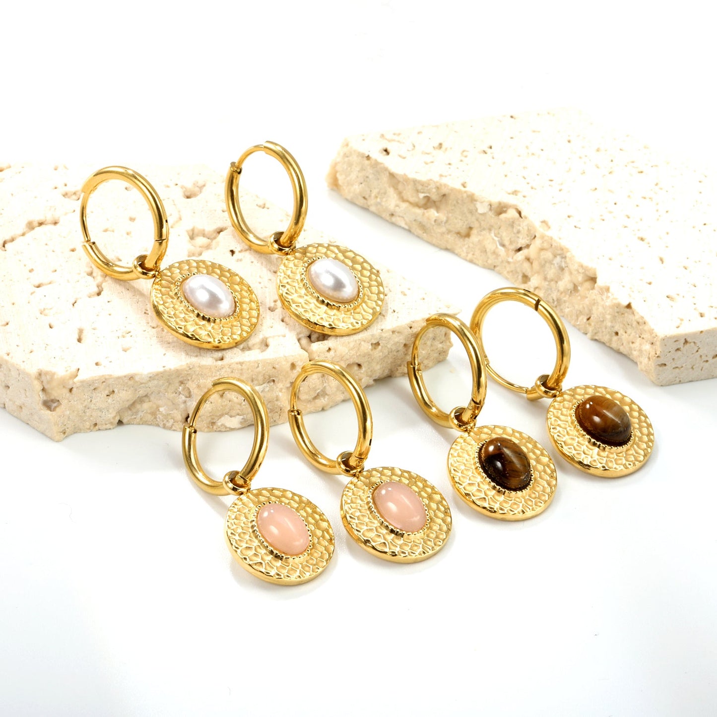 2*12mm I.D. earrings+15.5mm round cake stick imitation white pearl/pink crystal/tiger eye stone earrings gold color asonjewelry