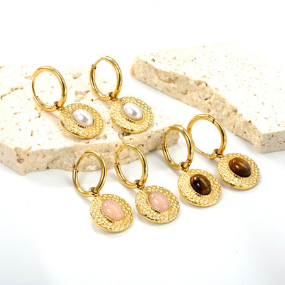 2*12mm I.D. earrings+15.5mm round cake stick imitation white pearl/pink crystal/tiger eye stone earrings gold color asonjewelry