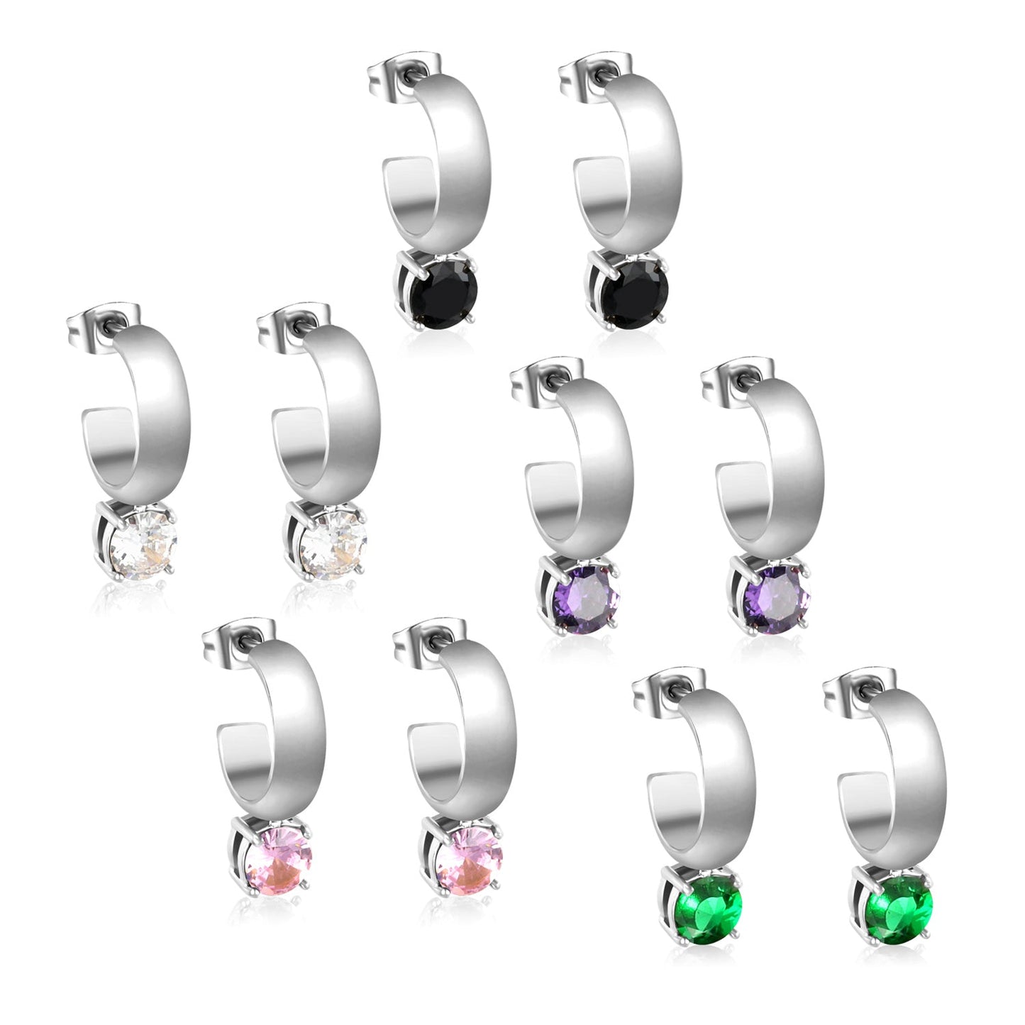 4.3*15mm C-shaped hoop with four scratches round white&black&purple&pink&green diamond stud earrings 6.2mm asonjewelry