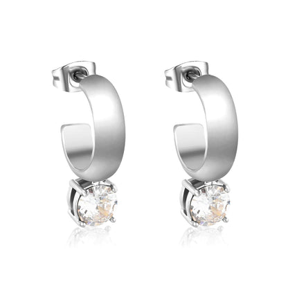 4.3*15mm C-shaped hoop with four scratches round white&black&purple&pink&green diamond stud earrings 6.2mm asonjewelry