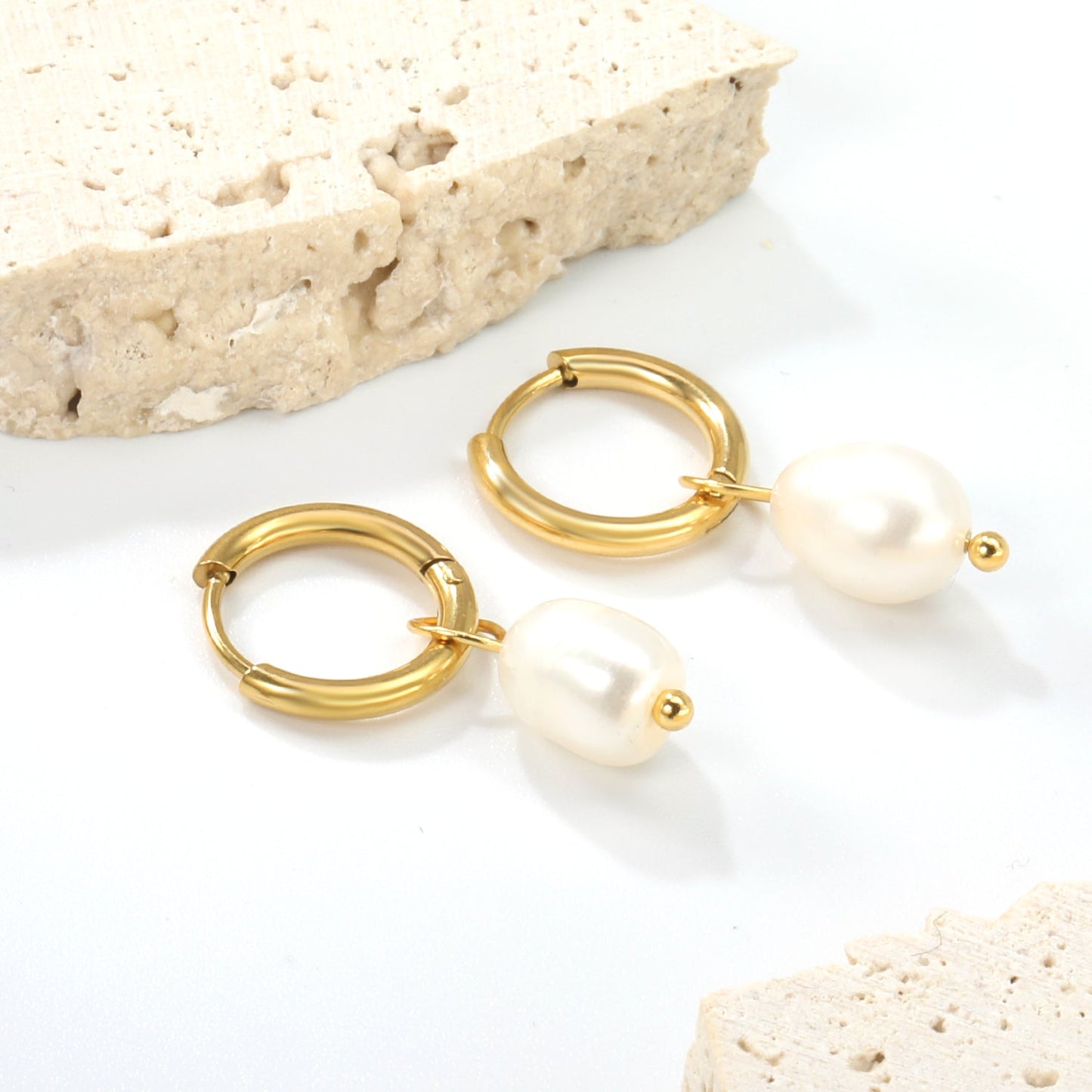2*10mm inner diameter earrings + 7.7*10.3mm freshwater pearl earrings steel/golden color asonjewelry