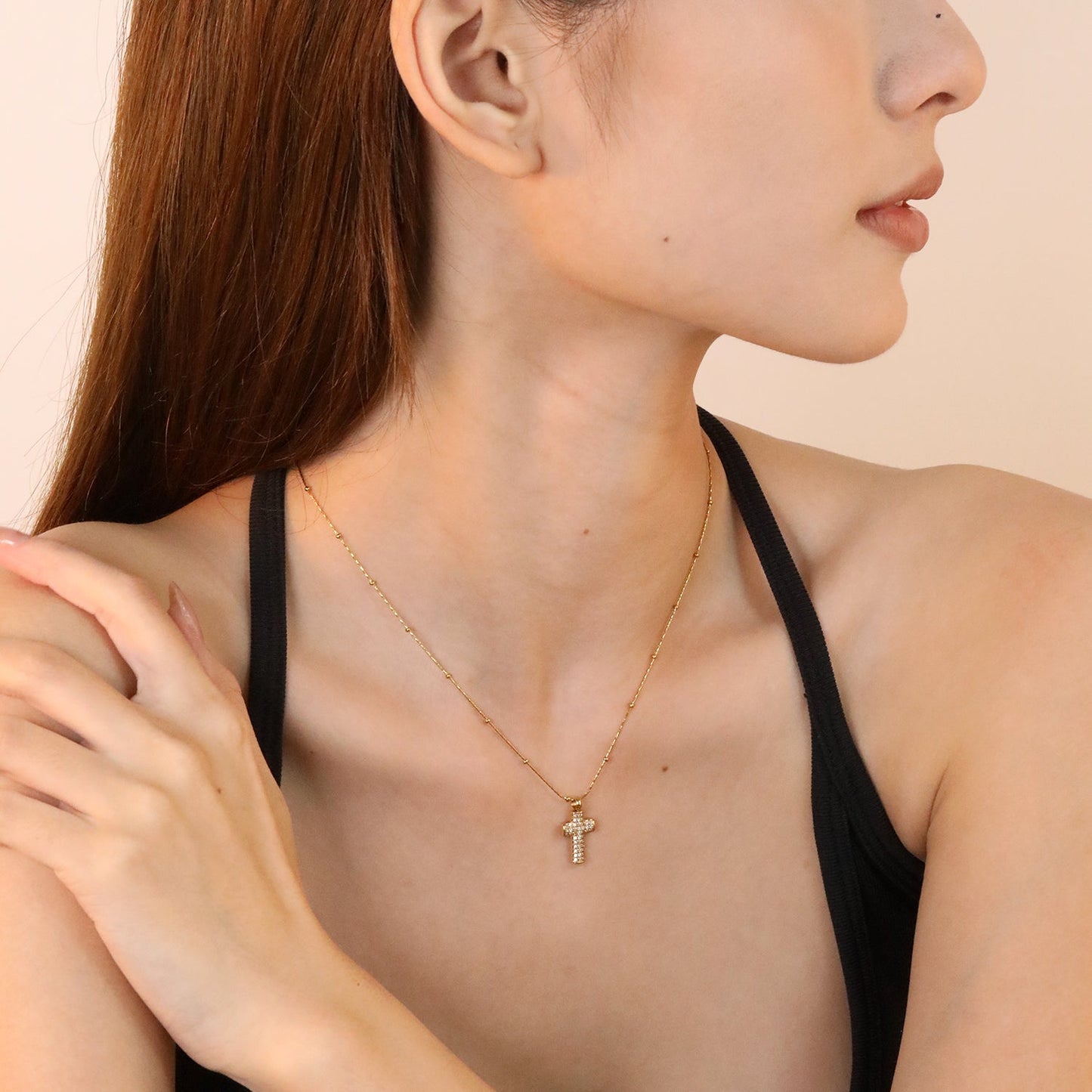 10*15mm CNC White Zircon Cross 0.3 Cross Hammer Solid Clasp Chain 40+5cm+6mm Round Pendant Necklace Gold asonjewelry