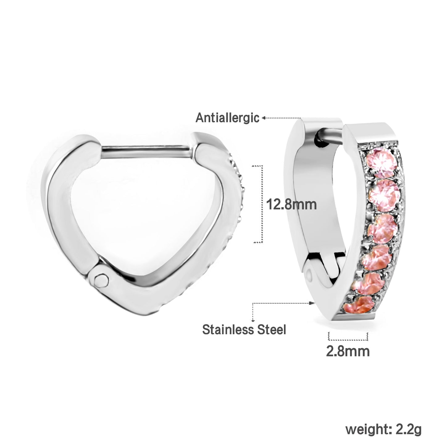 Heart Shaped Circle with White & Pink Diamonds Ear Clips 2.8*14.*12.8mm asonjewelry