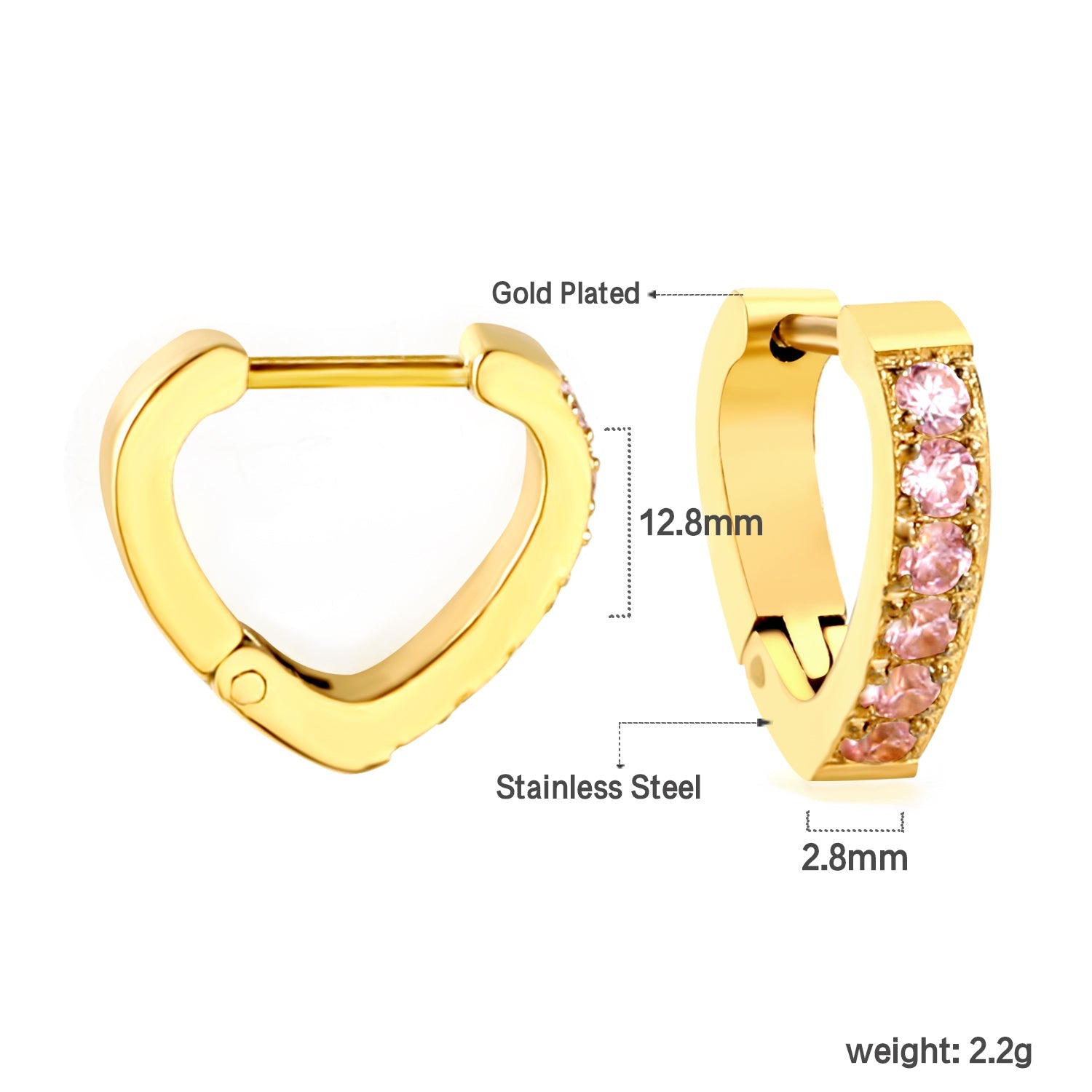 Heart Shaped Circle with White & Pink Diamonds Ear Clips 2.8*14.*12.8mm asonjewelry