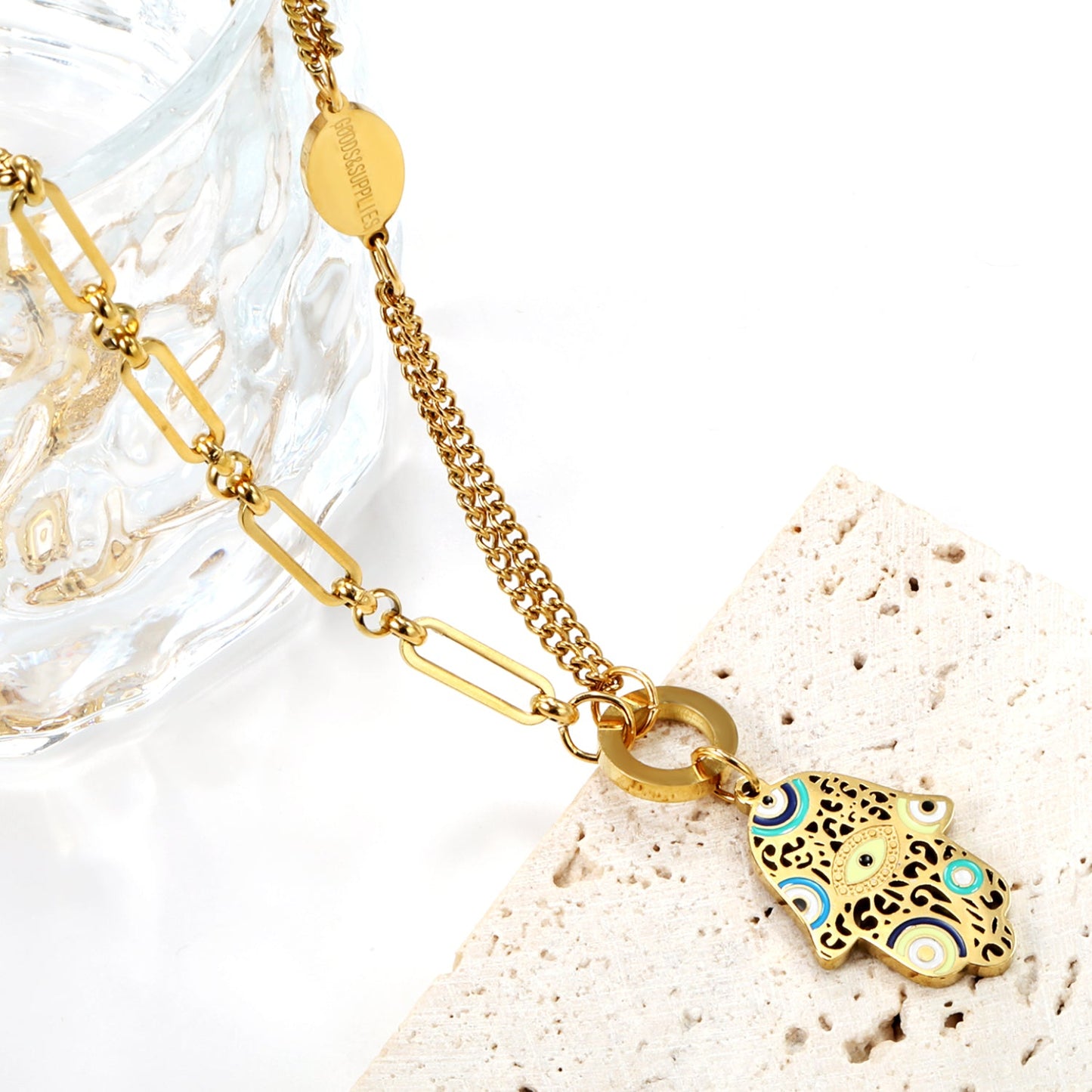 17.4*23.6mm palm with mixed color oil drops + 1 circle + 1 oval plaque with engraving + 21cm double spliced matching chain + 21cm long ring and circle matching chain necklace 45+5cm asonjewelry