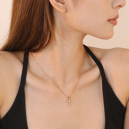 11.2*15mm CNC White Zircon Cross 0.3 Cross Hammer Solid Bead Chain 40+5cm+6mm Round Tag Necklace Gold asonjewelry