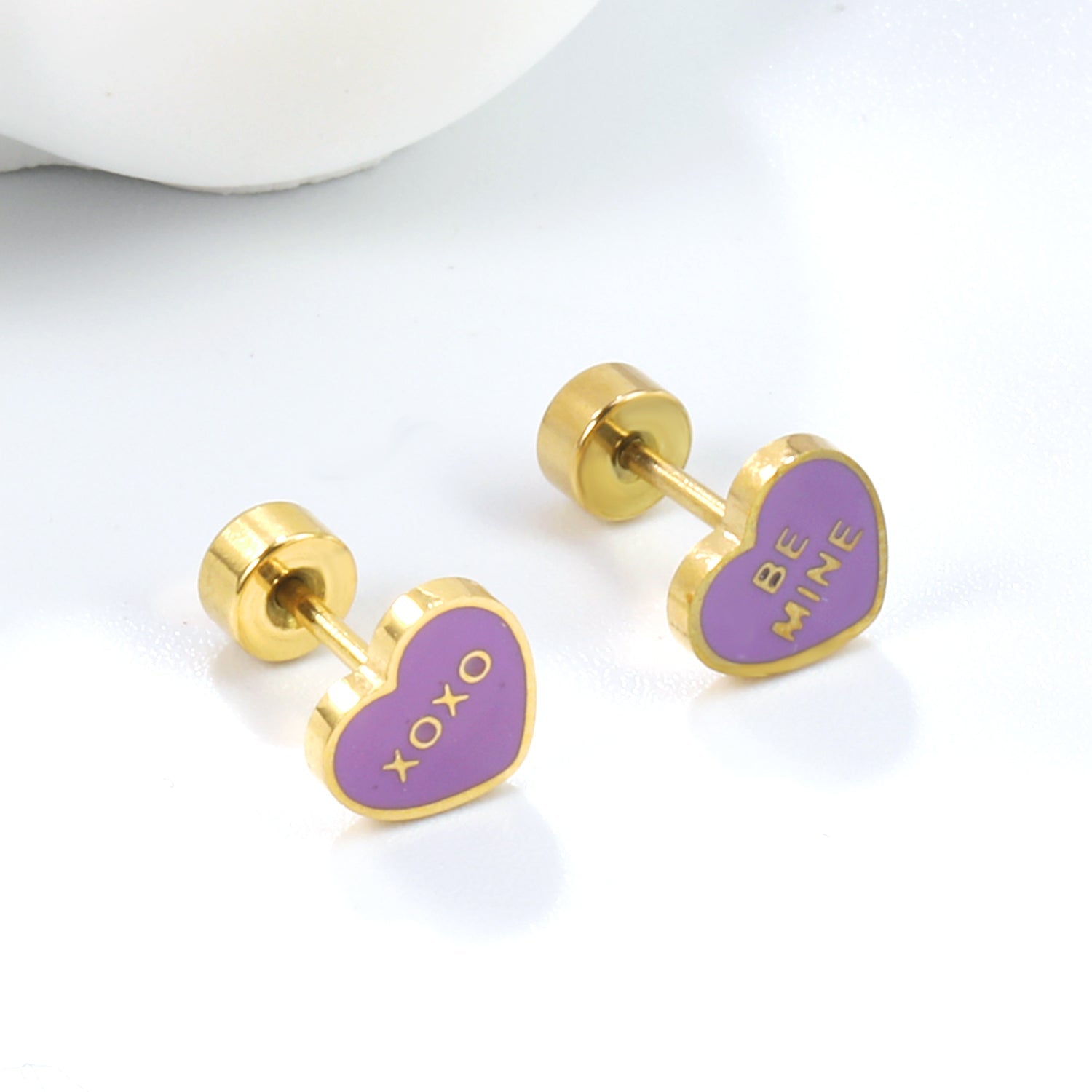 Screw plug 0.8*8mm pin 7*6.3mm heart with purple oil drop earrings gold color asonjewelry