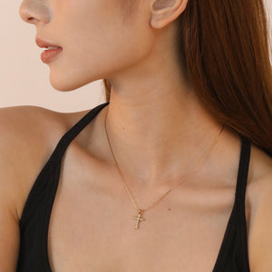 9.7*15mm CNC White Zircon Cross 0.3 Cross Hammer Round 40+5cm+6mm Round Tag Necklace Gold