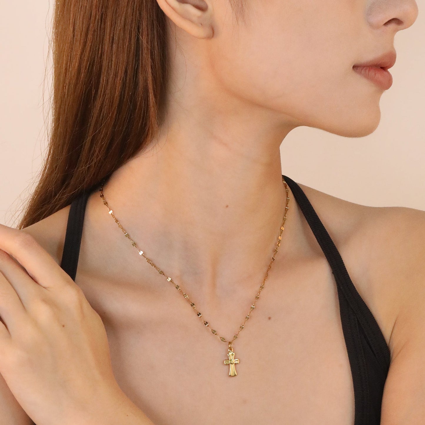 9.5*15mm Vintage Cross Lip Chain 40+5cm+6mm Round Tag Necklace Gold asonjewelry