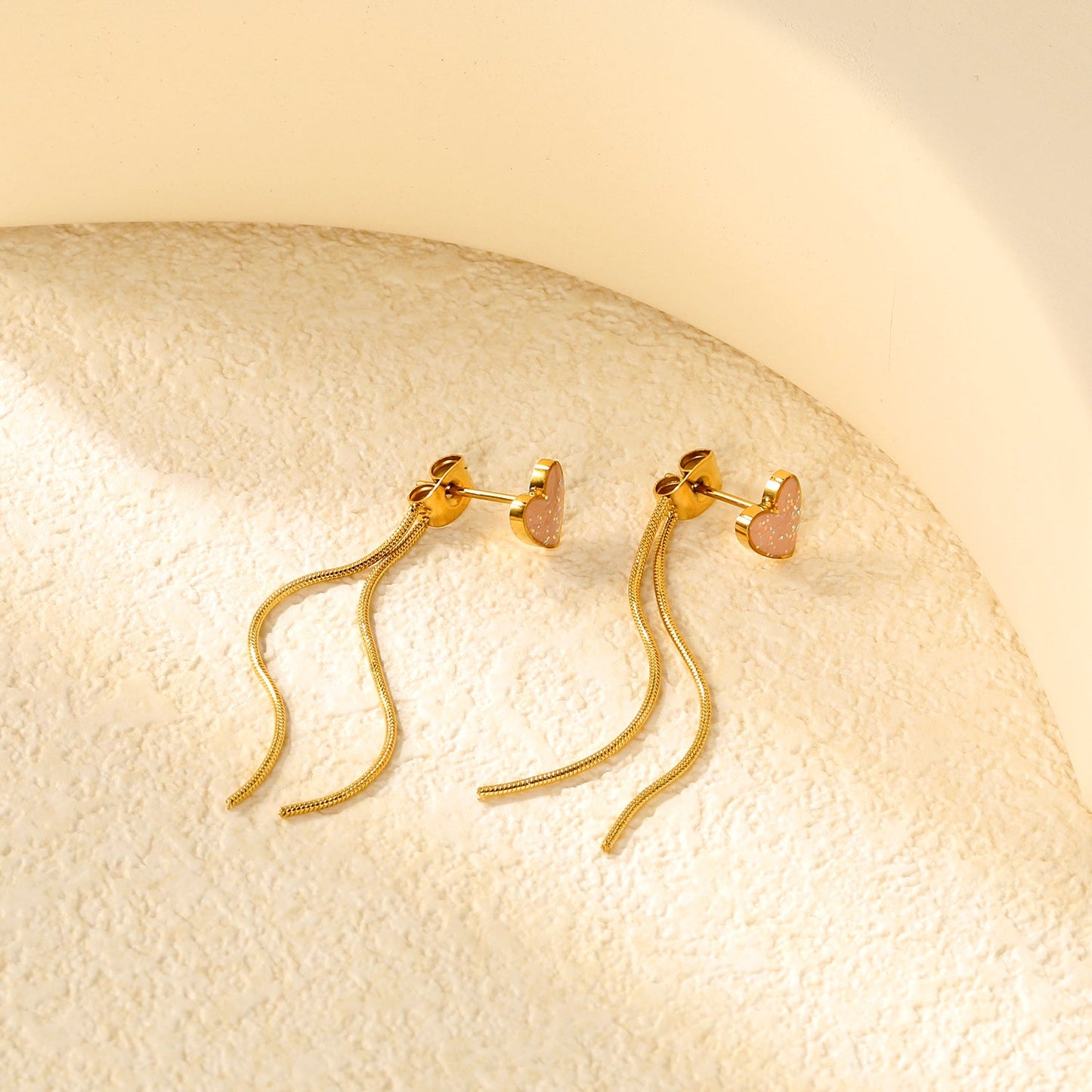 7.2*6.9mm Pink Drops Peach Heart + 0.9*40mm Round Snake Chain Tassel Earrings Gold asonjewelry