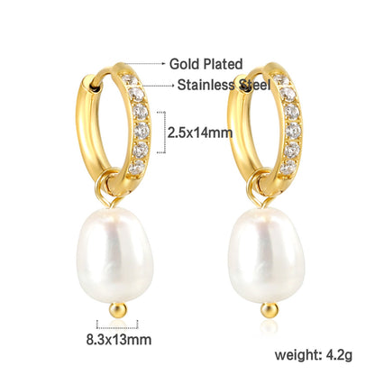 2.5x14mm circle with 6 white diamonds + oval white pearl stud earrings 8.3*13mm gold color asonjewelry