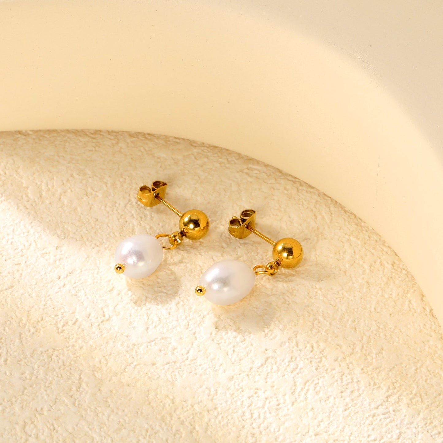 8.4*12mm freshwater pearl pendant+6mm steel earrings gold color asonjewelry