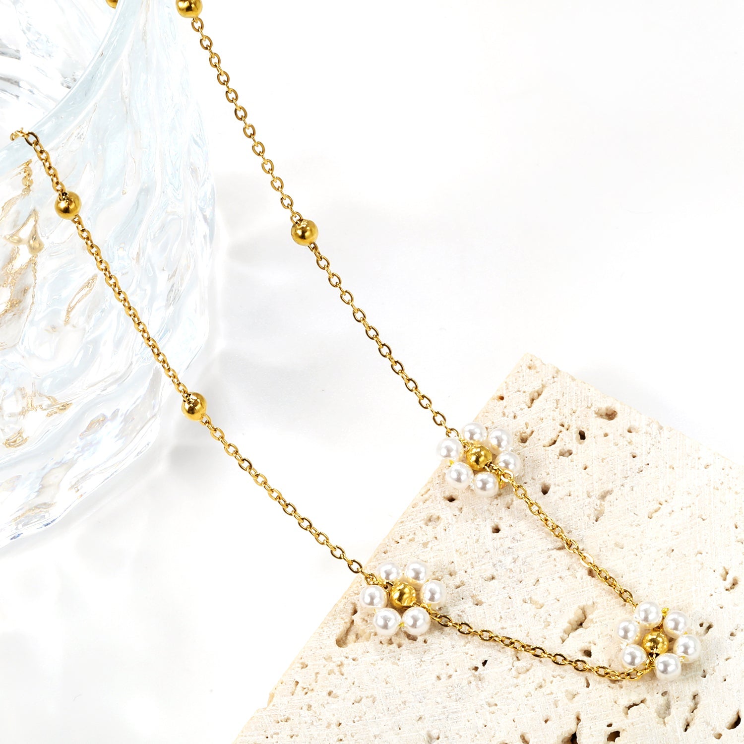 3mm*12 steel beads+3 flowers with white pearl pendant necklace 1.4mm*40+5cm asonjewelry