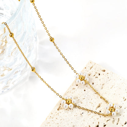 3mm*12 steel beads+3 flowers with white pearl pendant necklace 1.4mm*40+5cm asonjewelry