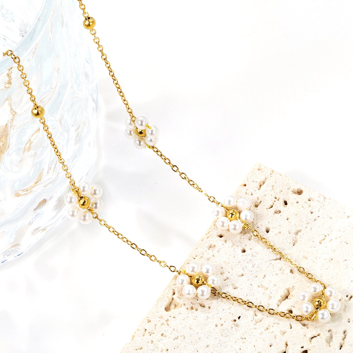 3mm*11 steel beads+5 flowers with white pearl pendant necklace 40+5cm asonjewelry