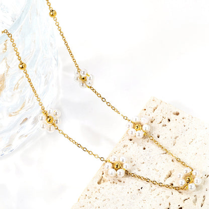 3mm*11 steel beads+5 flowers with white pearl pendant necklace 40+5cm asonjewelry