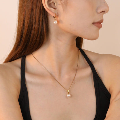 Earrings Pearl 10mm + Pendant Pearl 10mm Box Chain 40+5cm + Round Tag, Gold asonjewelry